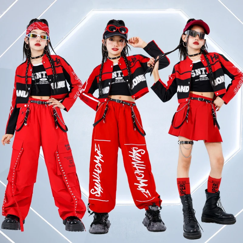 Children Jazz Dance Performance Costume Girls Kpop Hip Hop Dance Stage Outfit Red Black Dancewear Jacket Pants Skirt Shorts 1003