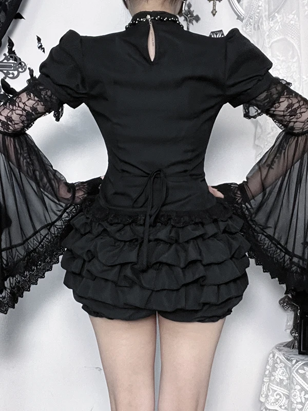 Y2k-Blusa de un solo pecho para niñas, conjunto de encaje de estilo oscuro, ropa de calle gótica con mangas empalmadas, disfraz de Cosplay, traje de Halloween