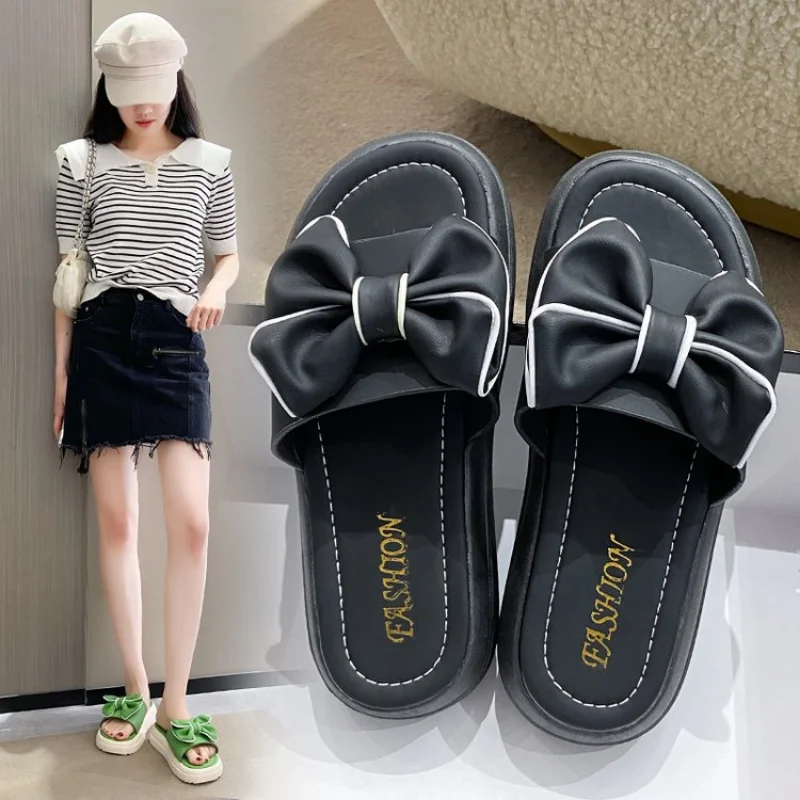 2023 Summer and Spring New Soft Sole Feet Treading Feel Home Leisure Slippers Bow Tie Slippers for Female Outwear Fairy Style