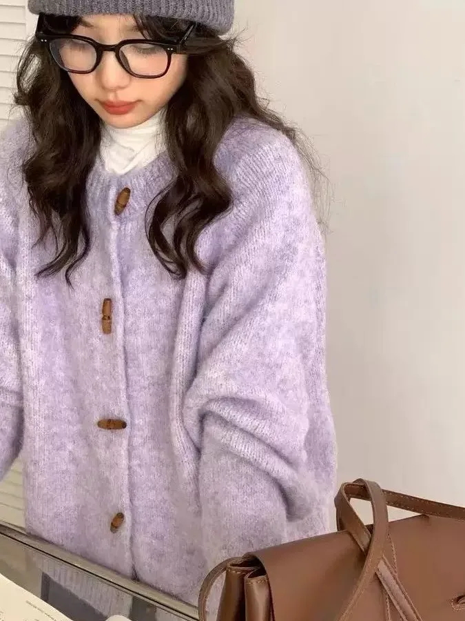 Loose Women's Purple Knitted Short Cardigan Spring Autumn Casual Style Corner Buttoned Sweater Versatile Lazy Style Outerwear