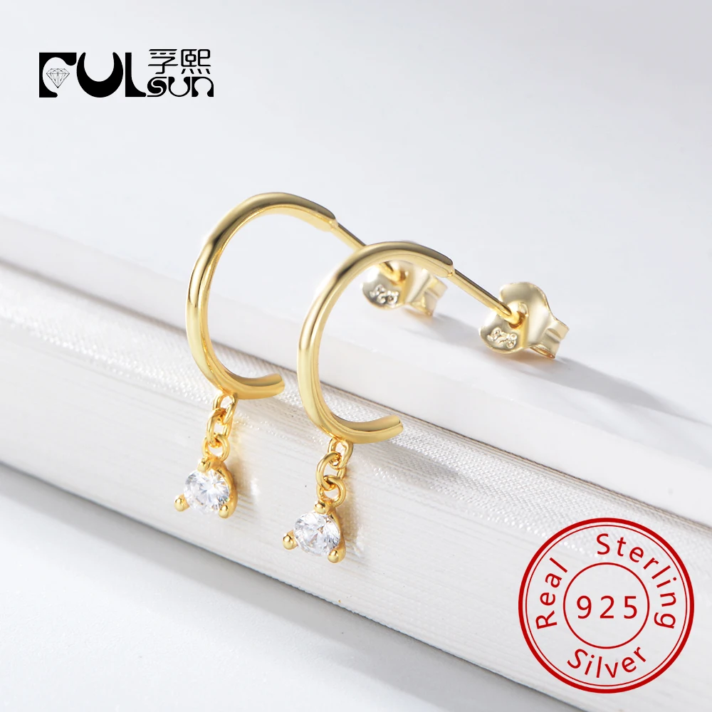 

Women S925 Sterling Silver Simple Hanging Drop Gold Plated Earrings Zircon Gold Jewelry