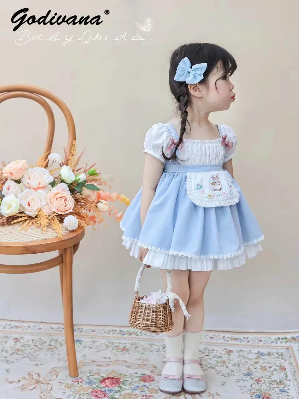 Sweet Baby Girls Summer New Blue Princess Dress and Shorts Set Kids Cute Cartoon Print Puff Sleeve Ruffle Trim Bow Casual Dress
