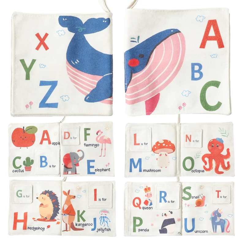 Il libro in stoffa con lettere inglesi Montessori è cucito in morbido tessuto con lettere carine abbinate a motivi animali e carta antiruggine