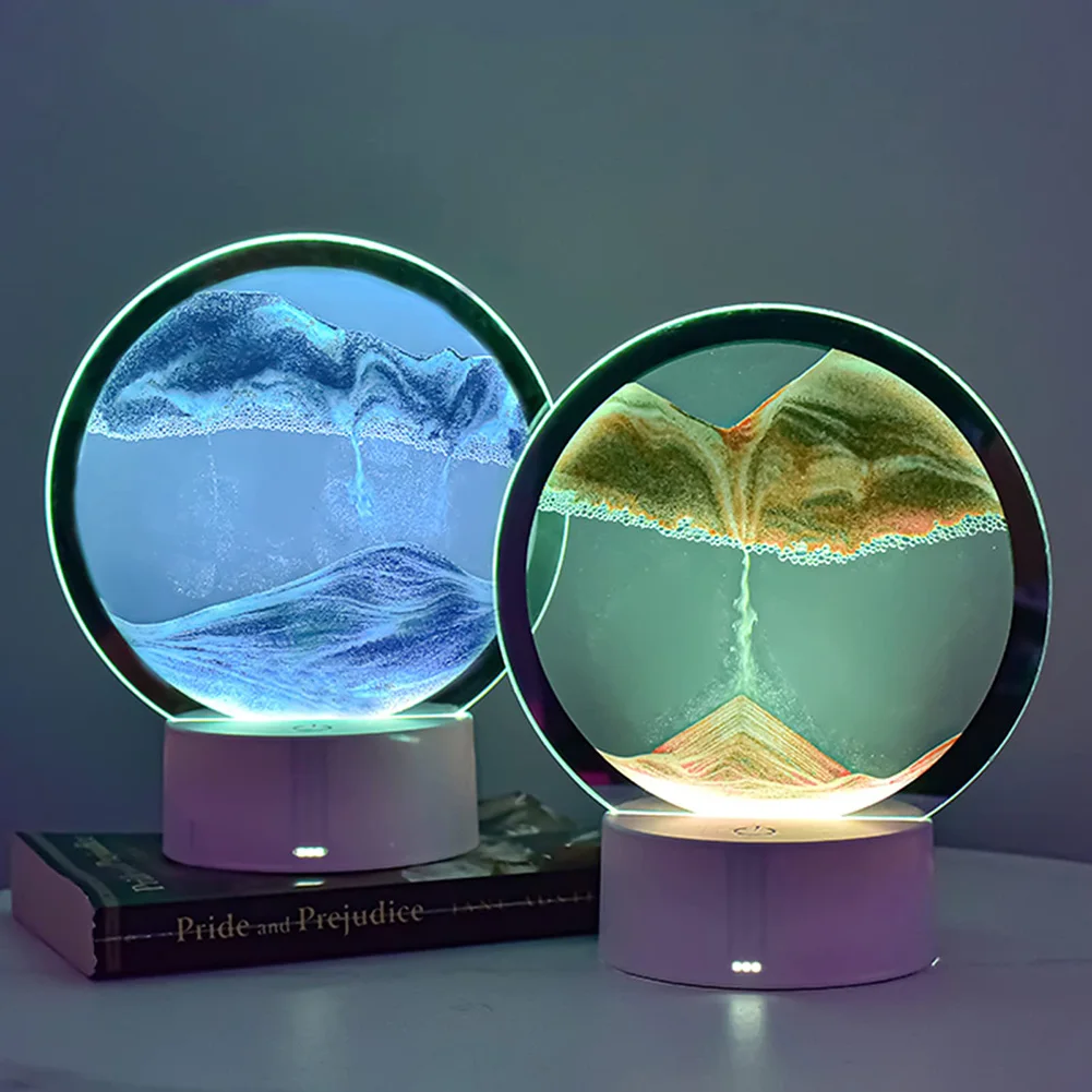 Moving Sand Art Picture Round Table Lamp 3D Dynamic Sand Painting Dynamic Sand Night Light Home Decoration Gift