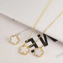 2PC Shell New Design Stone Plant Five Leaf Flower Plum Blossom Pendant Necklace Earring Set Women's Gold Plated Cute Clover