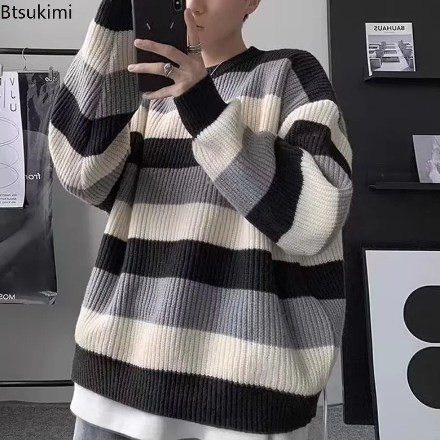 Maglione lavorato a maglia Colorblock a righe da uomo Autunno Inverno Spessore allentato caldo O-Collo Manica lunga Pullover morbido Pullover elastico Maschile