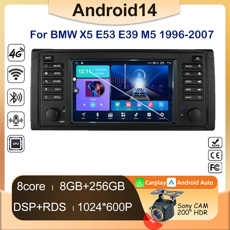 Car Radio 7'' 2 DIN Carplay Android 14 For BMW X5 E53 5 Series E39 M5 1996-2007 Stereo Android AUTO 4G Carplay Multimedia player