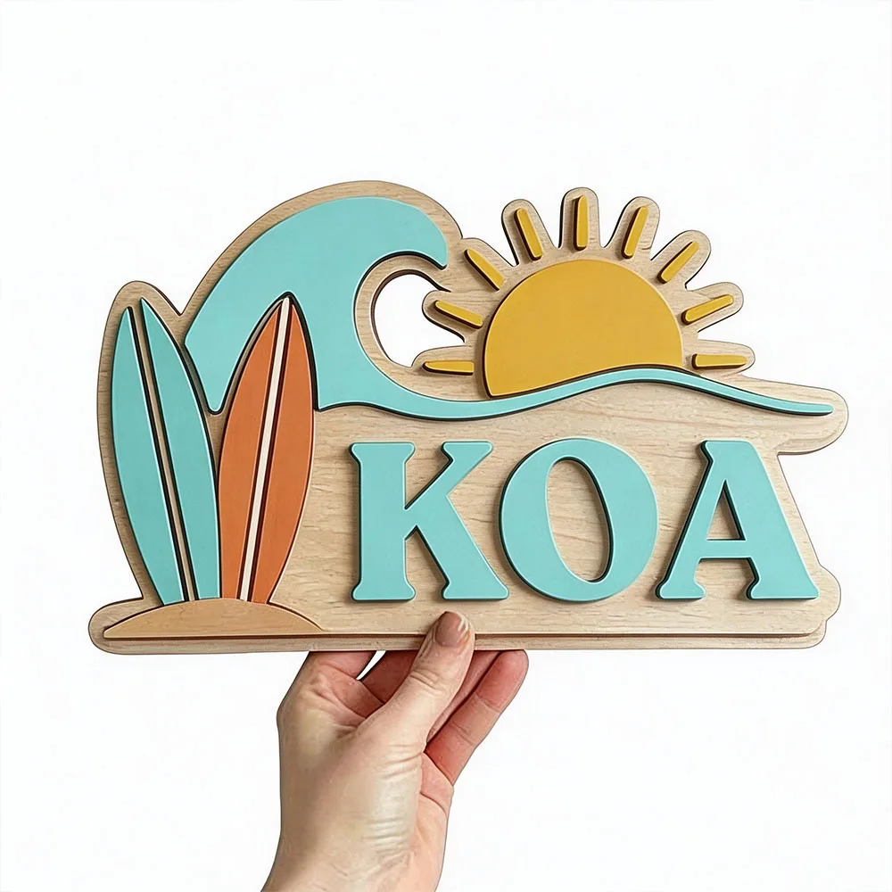 Custom Beach Wave Surfboard Sun Name Door Sign for Kids Bedroom Personalized Tropical Ocean Themed Wooden Nursery Plaque view 5