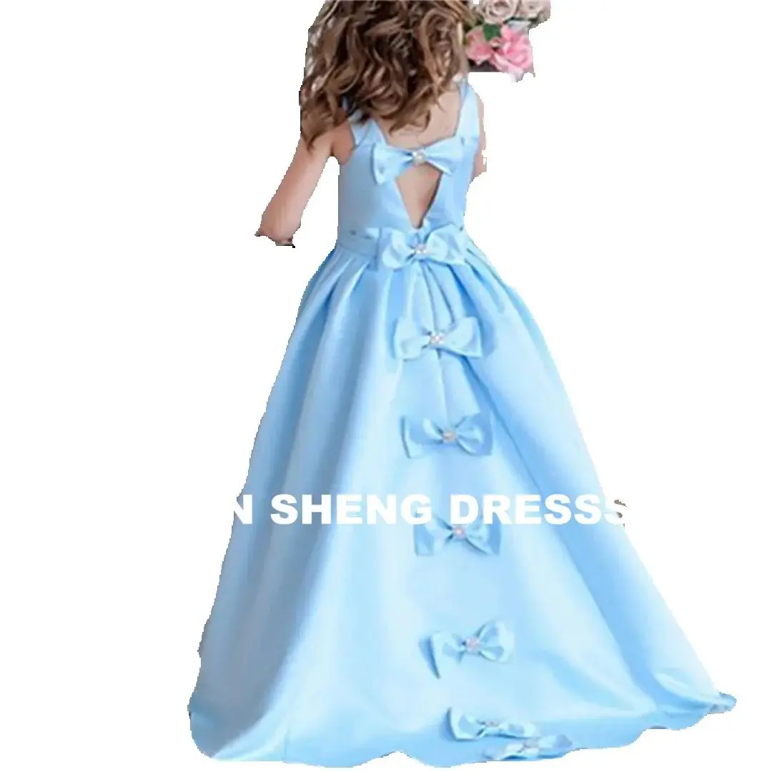 فستان زفاف بناتي مزين بفيونكة زرقاء طويلة بدون ظهر مخصصة لحفلات الزفاف الأنيقة على شكل زهرة صغيرة للأطفال وحفلات التواصل الأول