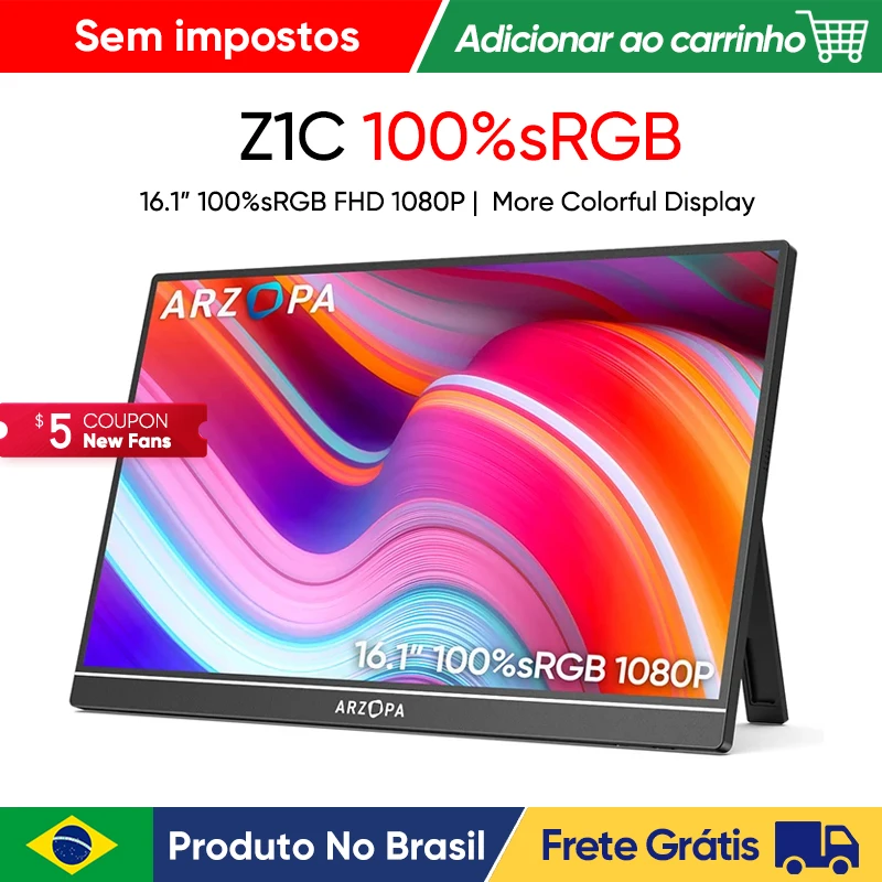 [produto no brasil]NOVA ARZOPA 16.1 inch 1080P 100% sRGB Monitor Portátil Segundo Monitor de Tela Externa para MAC Laptop PC Xbox/PS/Switch,Z1C