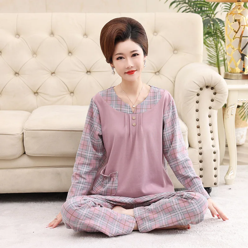 Middle Aged Mother Cotton Pajamas For Women Autumn Long Sleeve Top Trousers Sets Plus Size Homewear Warm Sleepwear For Winter