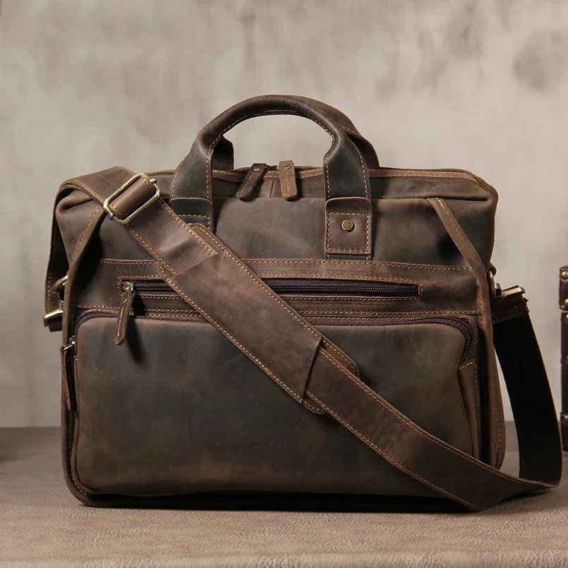 Sac à bandoulière vintage en cuir véritable pour hommes, étui à bombes, sacs à main faits à la main, ordinateur 14 pouces, designer populaire, 2024