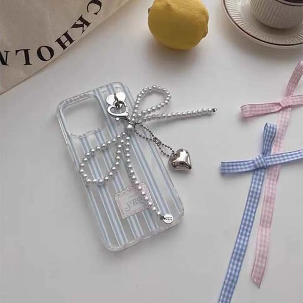 Lovely Pearl Plaid Ribbon Bow Key Chain Bag Pendant Soft Balletcore Keychain Toys Cartoon Phone Pendant Kids