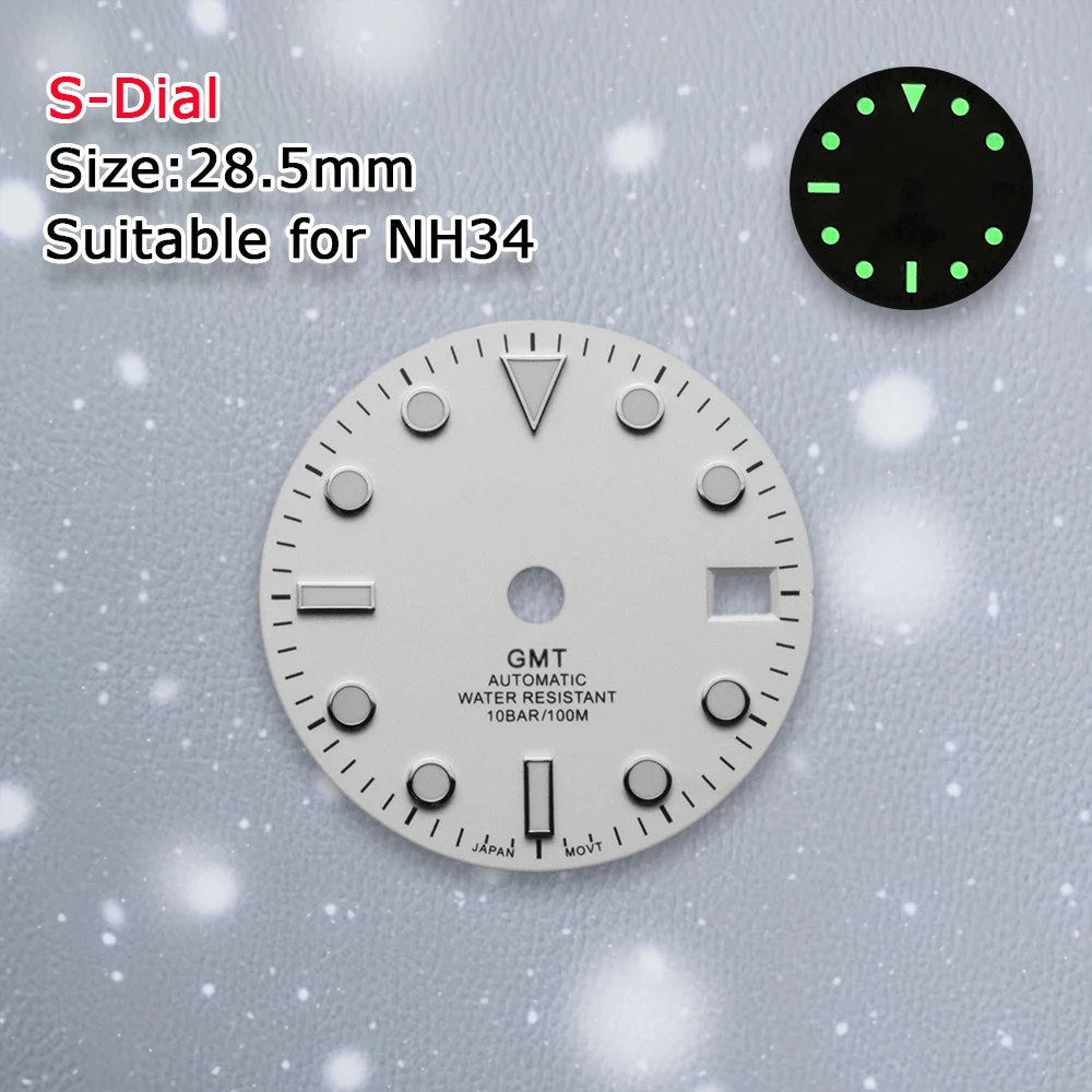 S โลโก้ Dial 28.5 มม.NH34 สีขาว GMT Matte Dial Fit NH34 การเคลื่อนไหวสีเขียวส่องสว่างนาฬิกาการปรับเปลี่ยนอุปกรณ์ซ่อมเครื่องมือ