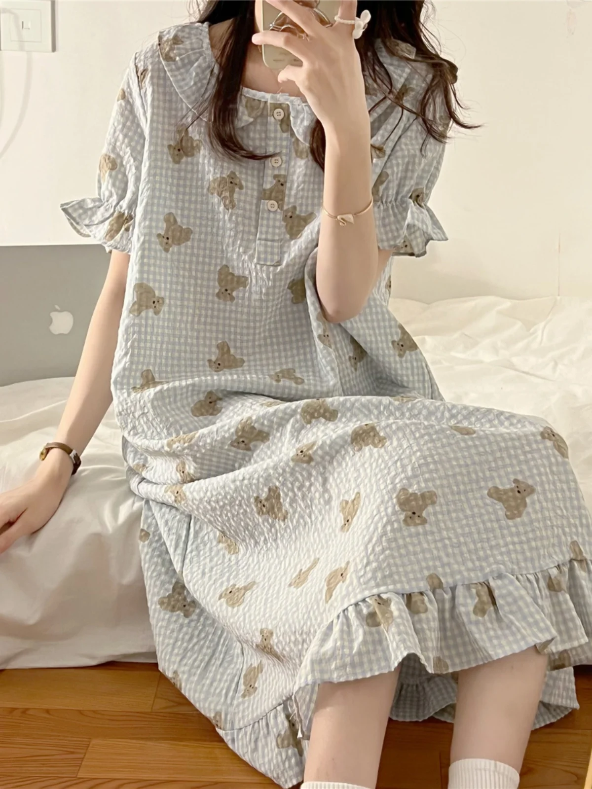 

Summer Cotton Sleep Dress Women's Short Sleeve Midi Dress Cartoon Bear Print Home Clothes Thin Pure Cotton Casual Dresses
