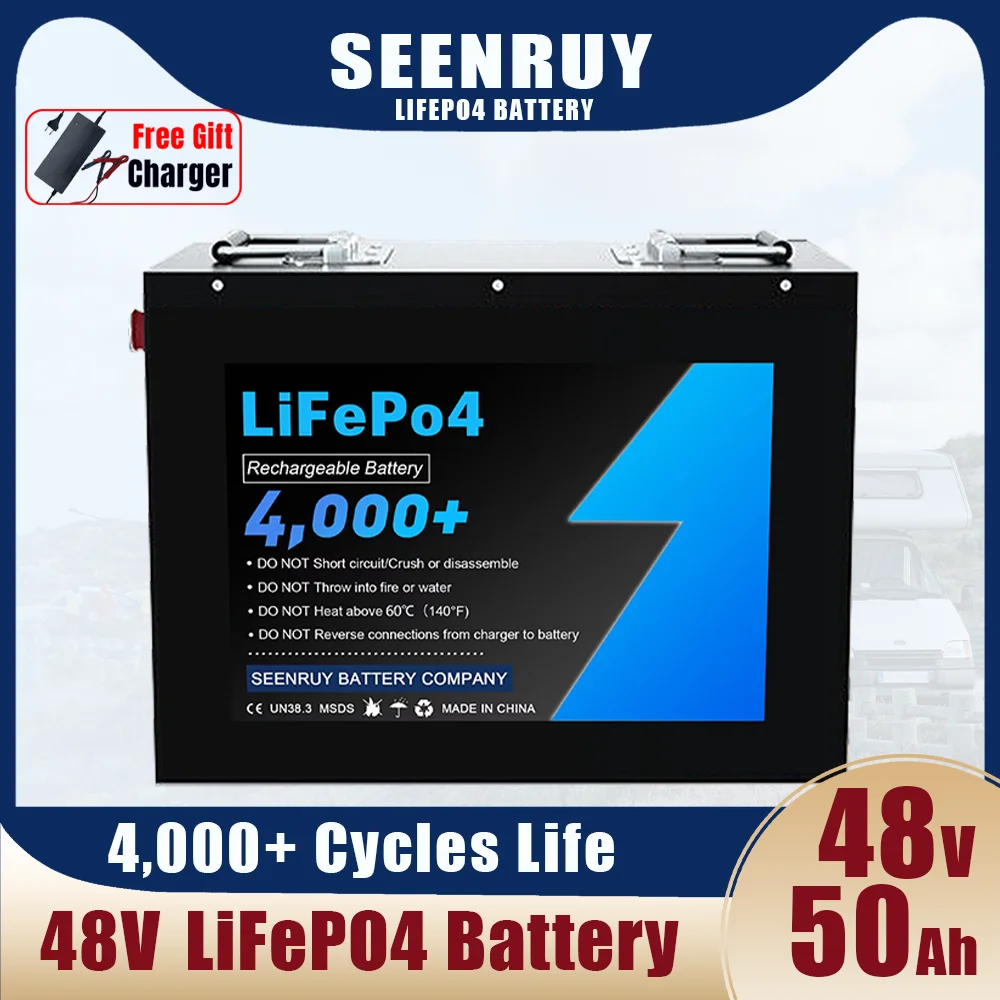 48V 50Ah Lifepo4 Battery Pack Deep Cycles Metal Case Built-in 50A BMS for Golf Cart Solar Energy Storage RV Motorhome +Charger