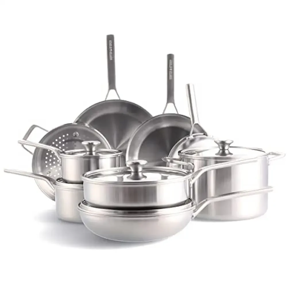 Professional Tri-Ply Stainless Steel 10 Piece Cookware Set Multi Clad Pots & Pans with Measurement Markings & Drip-Free Pouring