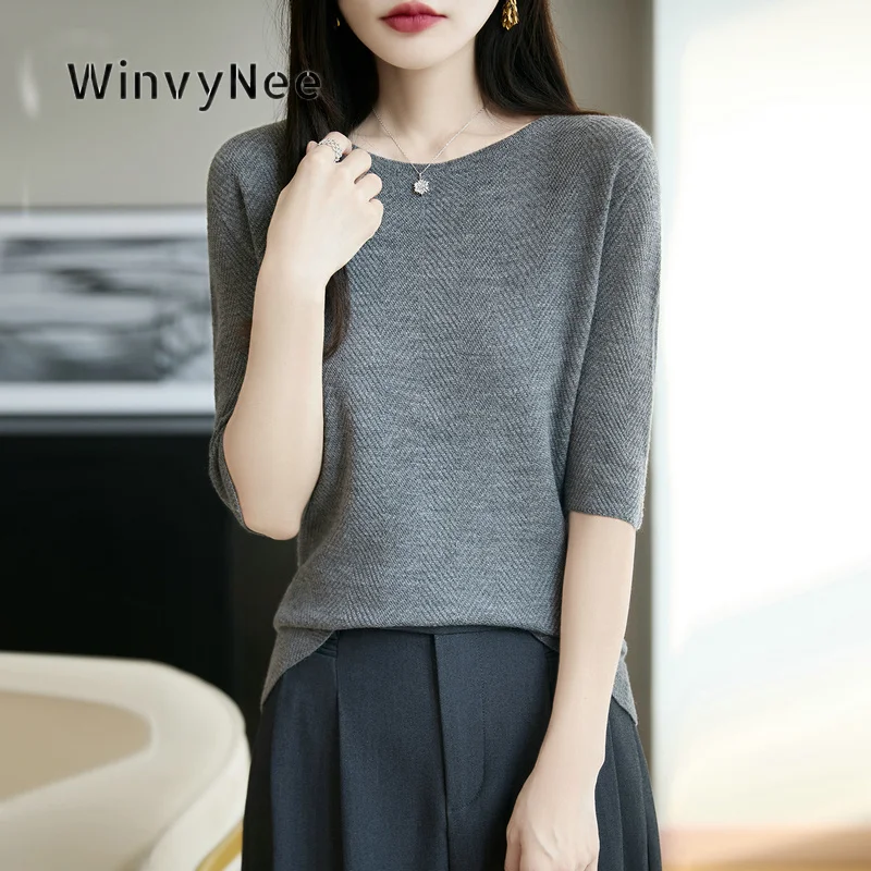 WinvyNee Women Knitted Top Pure Wool Round Neck Slim Herringbone Weave Premium Allseason Soft Anti Pilling Cuff Detail ZA1223011