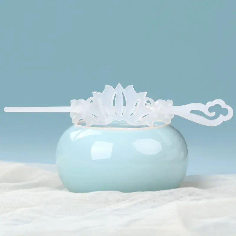 Retro Chinese Style Faux Jade White Lotus Carved Hair Crown With Hairpin Unisex Hanfu Hair Accessory For Cosplay And Daily Wear