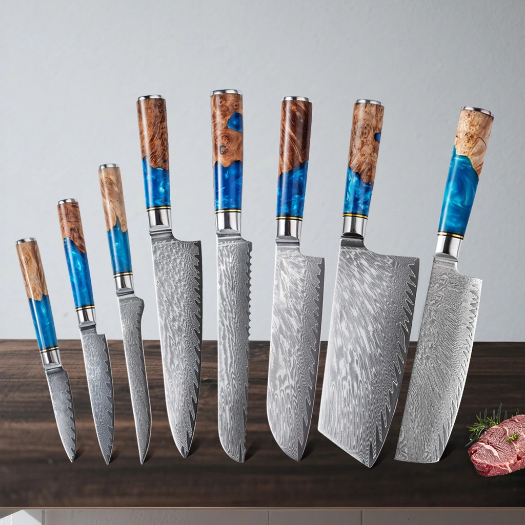 Conjunto de facas de cozinha profissional, conjunto de aço damasco para corte de carne, sushi, descascar e desossa, cabo de madeira de resina azul, 1 a 8 peças