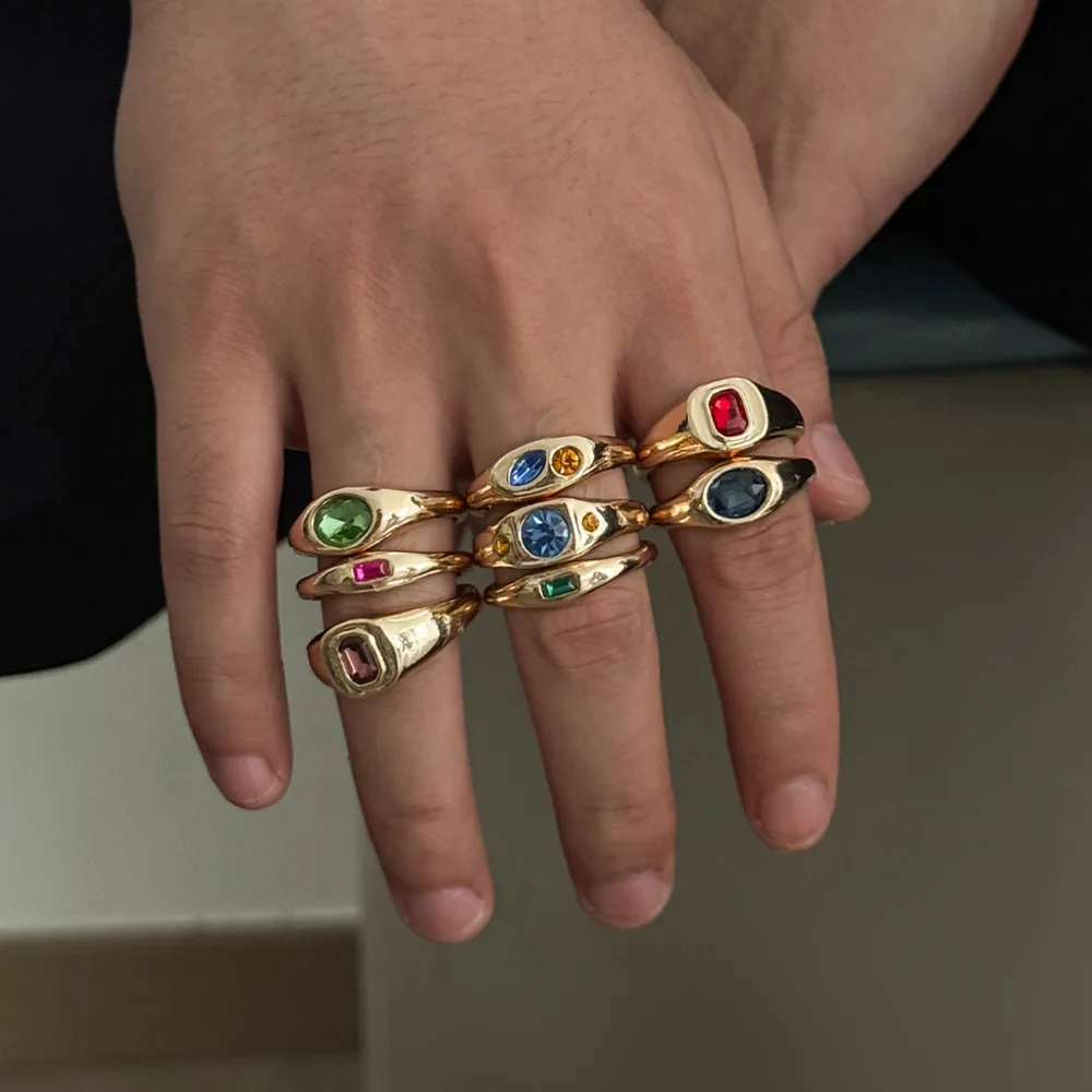 Ingemark 8Pcs/Set Trendy Irregular Metal Open Ring for Men Vintage Colorful Acrylic Rhinestone Finger Ring Charm Jewelry Gifts