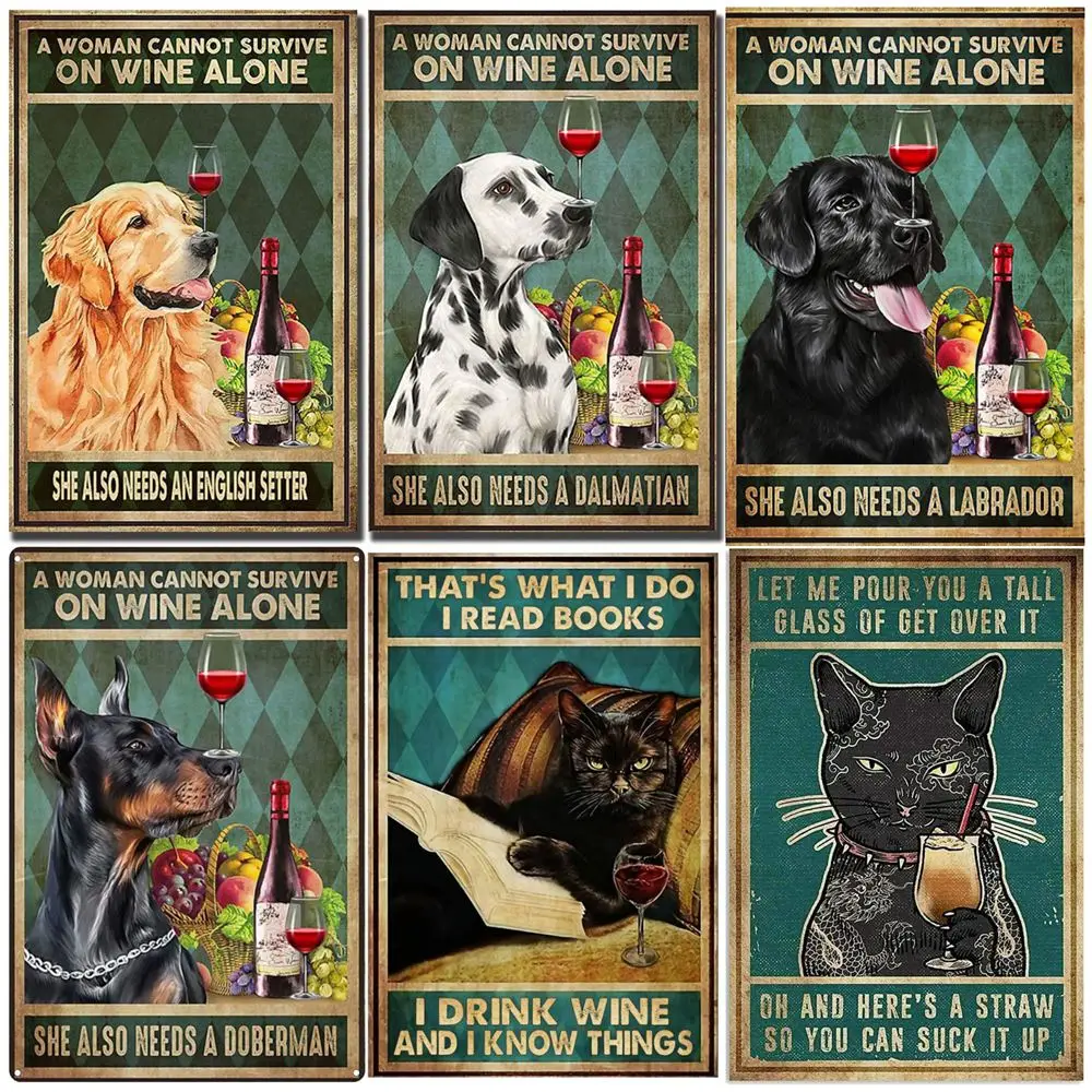 Dachshund Decor Bulldog Vintage Tin Sign - A Woman Cannot Survive on Wine Alone -cute Cat Dog Metal Sign Bar Home Wall DecorC130