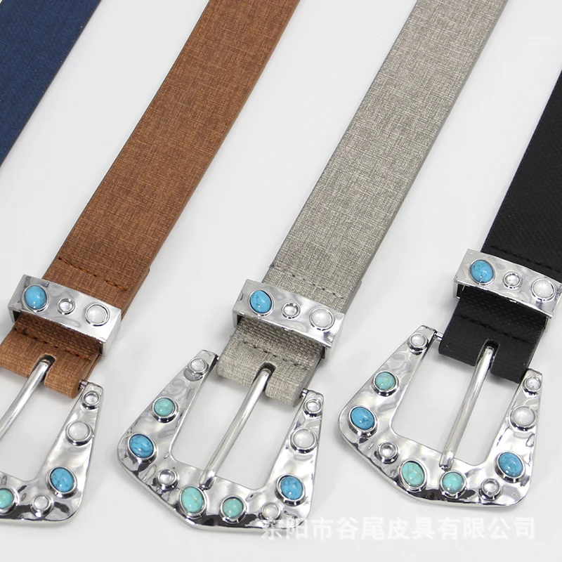 Sky blue inlaid buckle belt classic literary style women's decorative belt women