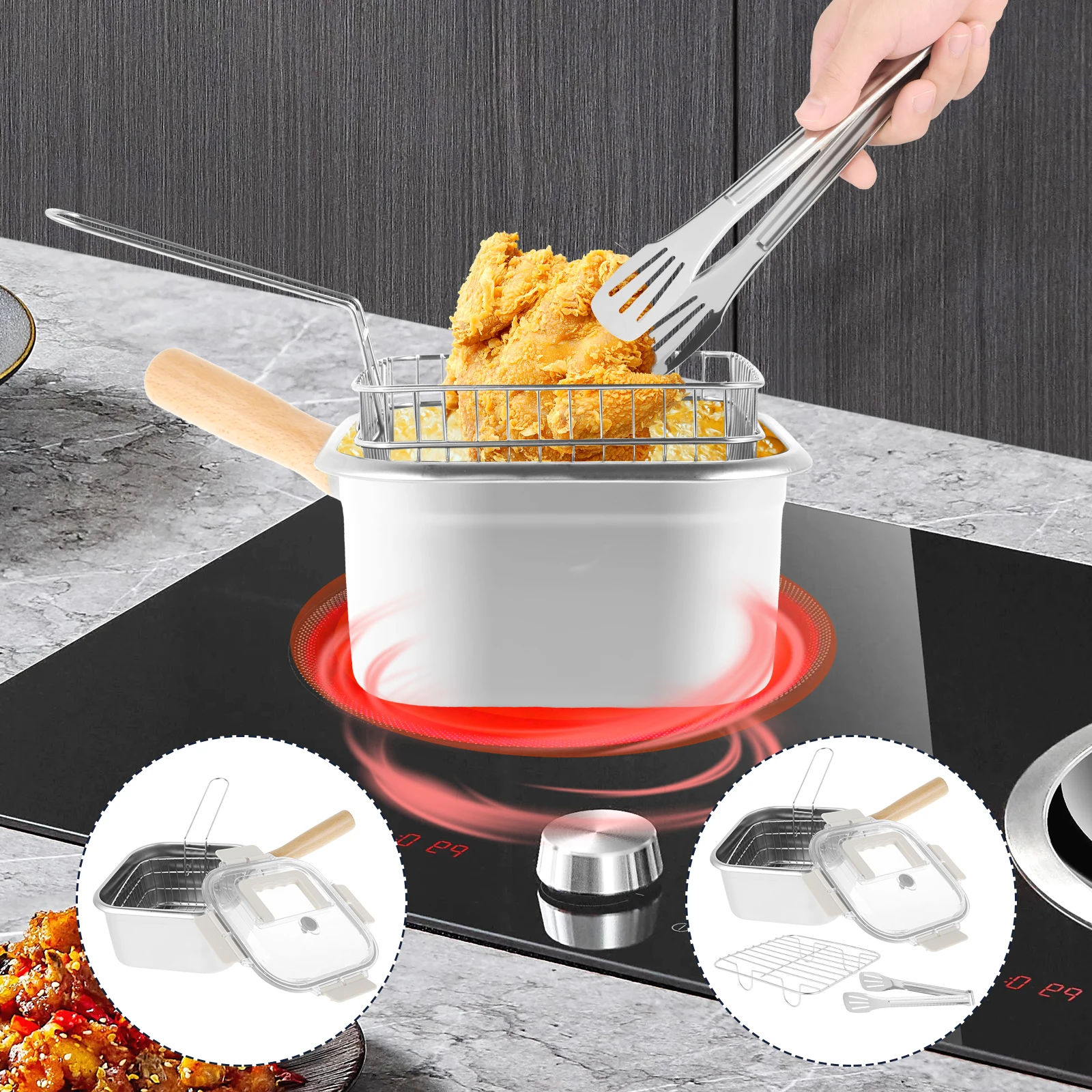 

Deep Fryer Pot Stainless Steel Frying Pan with Basket and Handle Portable Square Deep Frying Pan Multifunctional Deep Fryer