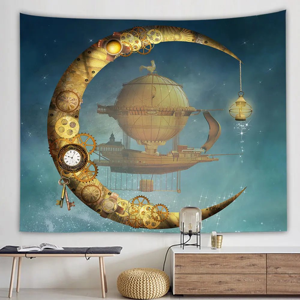 Steampunk Gear Moon Lamp Boat Tapestry Hippie Wall Hanging Black  Villa  Ceiling Backdrop Home Decor For Living Room