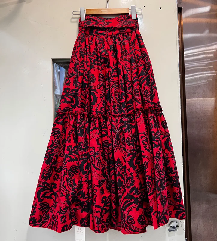 Spring and summer new pure cotton printed red butterfly single-breasted long  skirt with belt