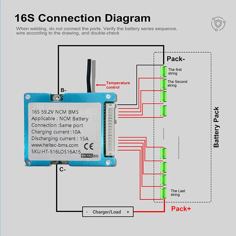 Heltec 12S 13S 14S 16S BMS Battery Protection Board for NCM/LFP Battery, 15A Discharge 10A Charge, for E-Bike Solar Battery Pack