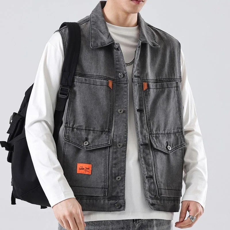 Men's Retro Denim Vest Multiple Pockets Loose Fit Student Versatile Light Grey Smoking Shoulder Pad Jacket Casual Summer Vest