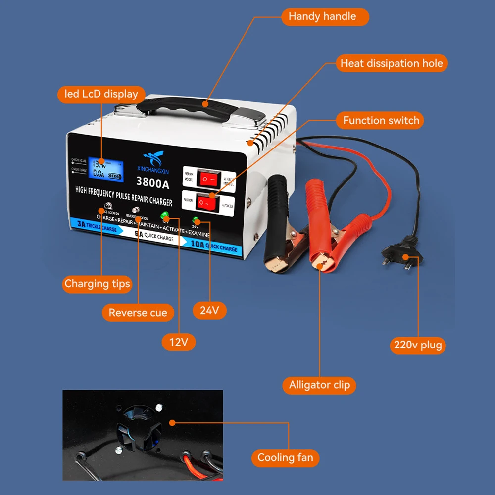 高出力鉛蓄電池,12V/24V,自動車修理用充電器,EUプラグ,急速充電,全自動