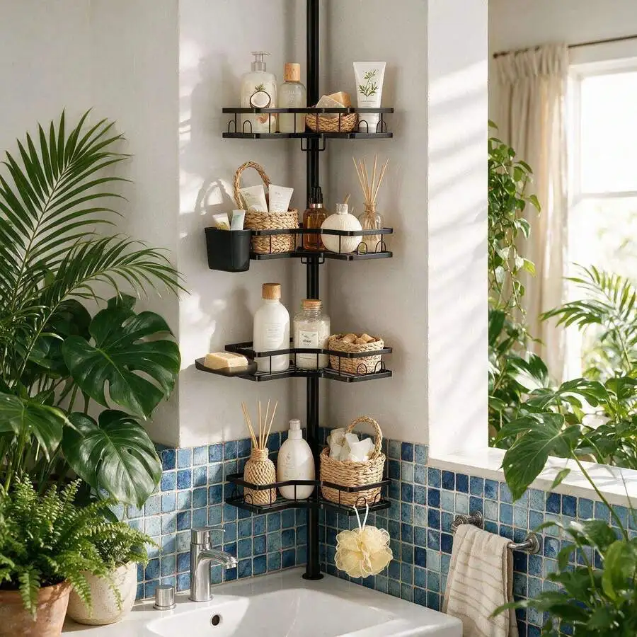 This 31-124' Tension Pole Shower Caddy Fits Floor To Ceiling, Has 4 Baskets, No Drilling Needed, Rustproof, Great For Bathroom,