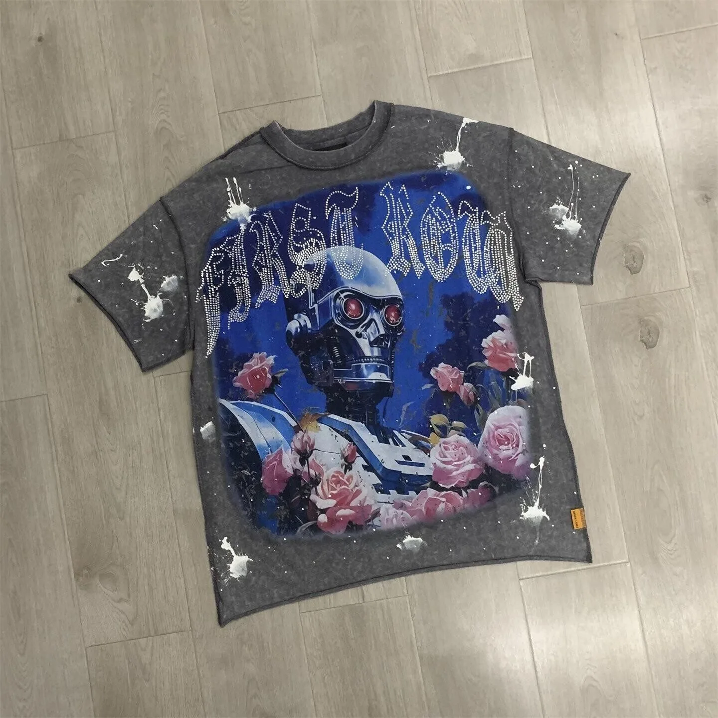 First Row Retro White Ink Direct Spray Robot Rose Petal Set of Studded Short-Sleeved T-shirts - Vintage Loose-Fitting Casual Top