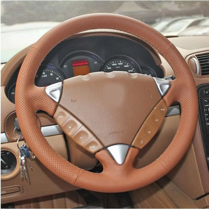 Brown Leather & Brown Thread Steering Wheel Hand Sewing Wrap Cover Fit For Porsche Cayenne  2006-2009