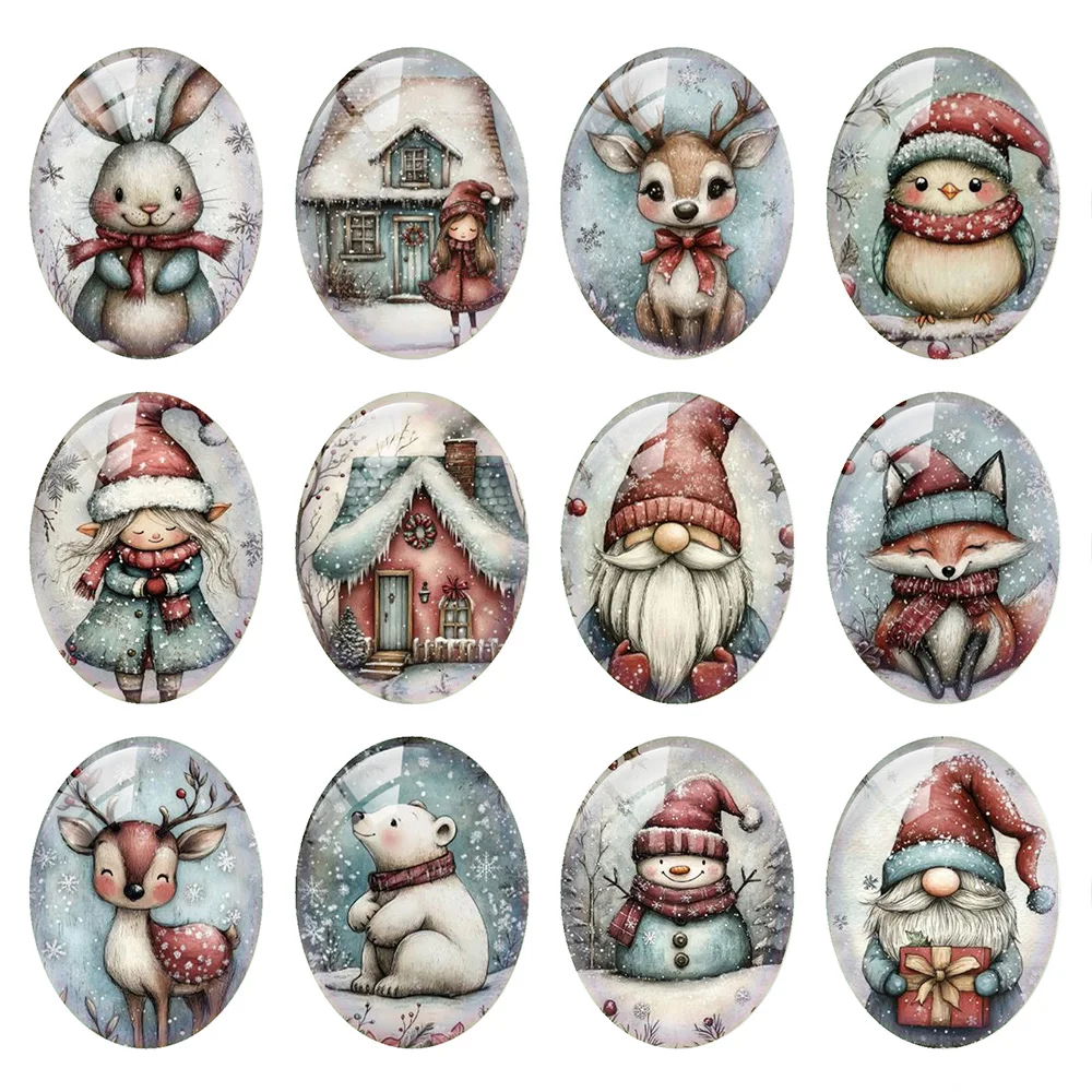 

10pcs/lot Christmas X-mas Deer Owls Bear Dwarf Gnomes Rabbit Oval Photo Glass Cabochon Flatback Demo Cameo Diy Jewelry Making