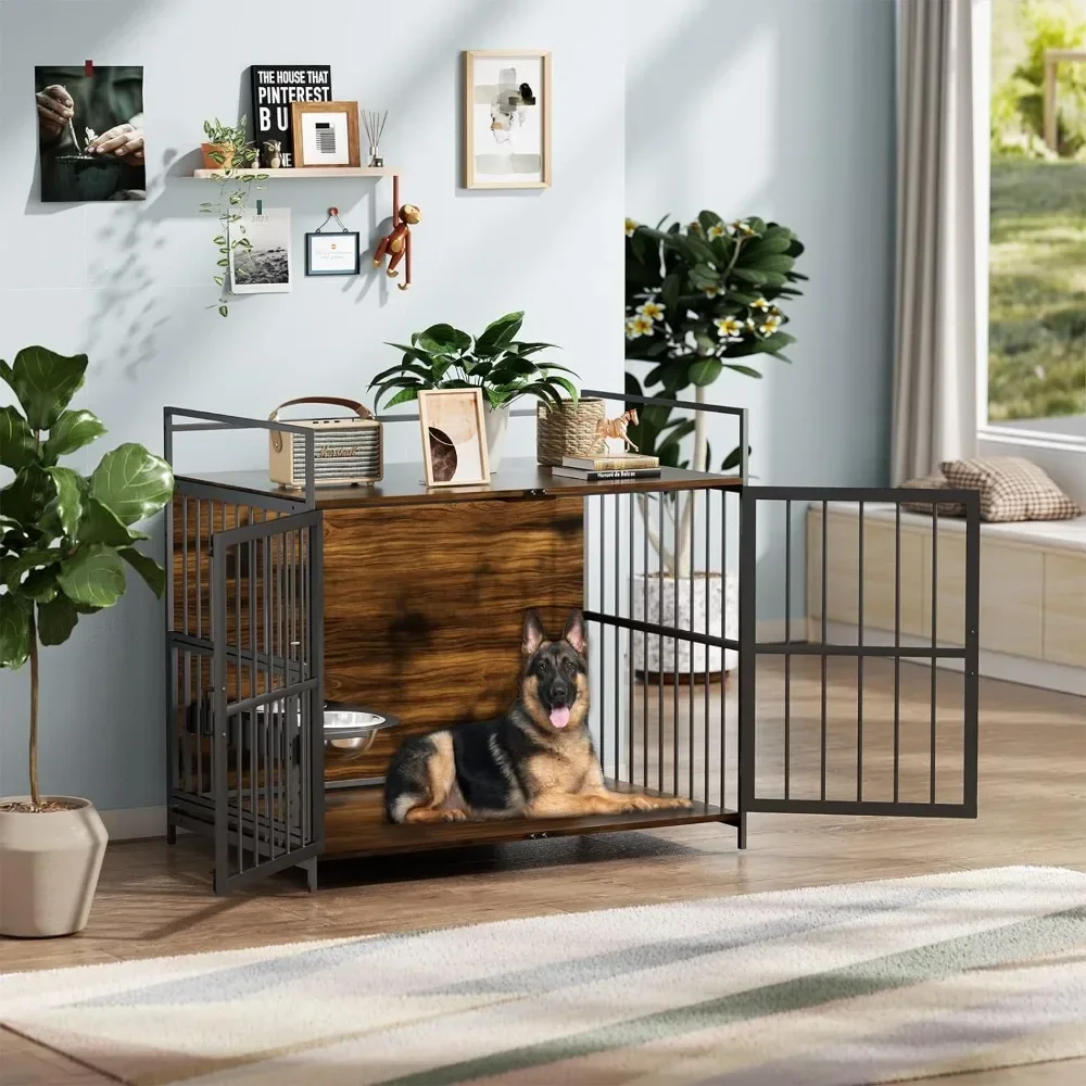 Furniture style large dog cage with two 360 ° and adjustable bowls, featuring a large dog black interior