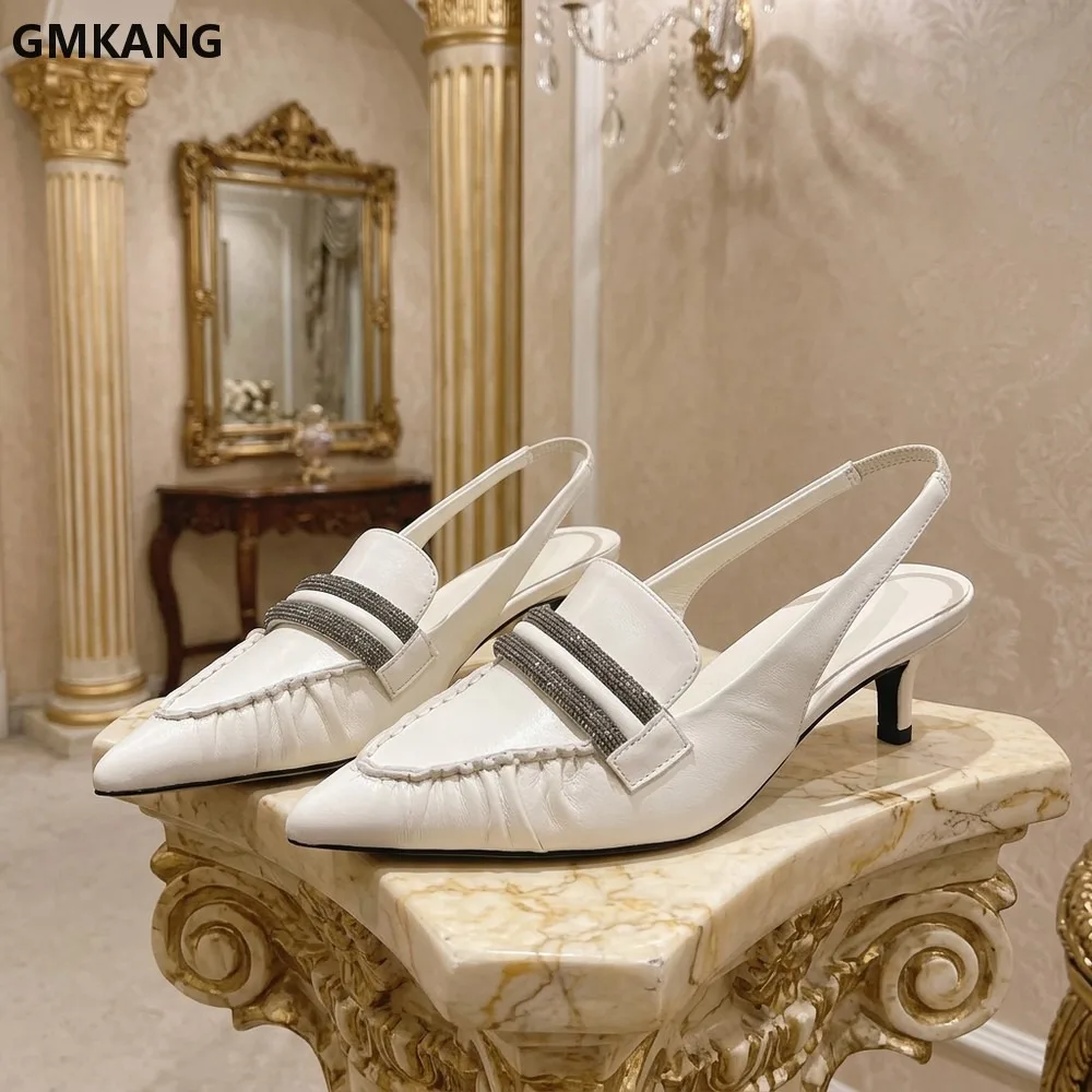 GMKANG Women Pointed Toe Kitten Heels Pumps, Suede Leather Slingbacks with String Bead, Comfortable Low Heel Sandals for