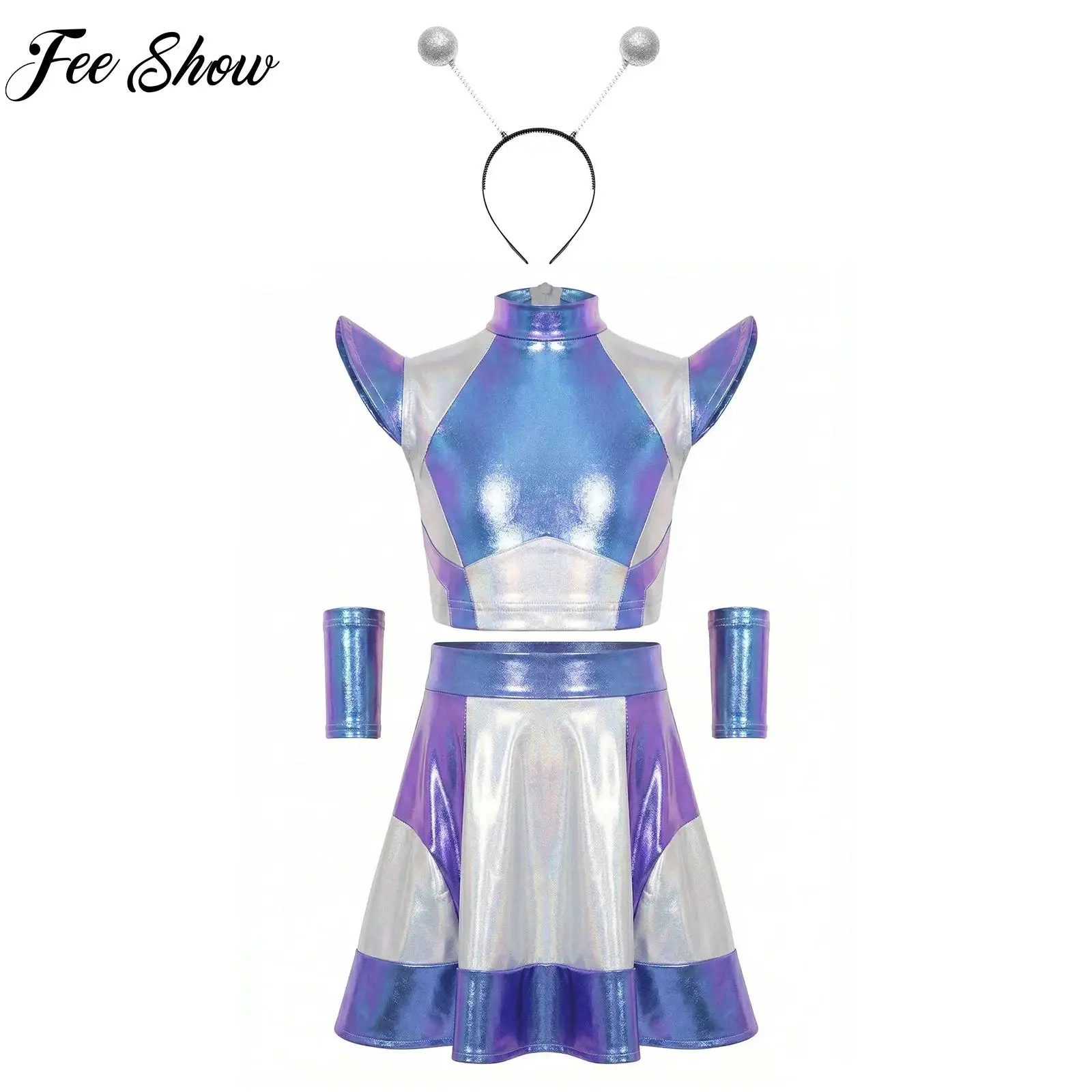 Kids Girls Halloween Outer Space Cutie Outfit Alien Costume Cap Sleeve Top And Skirts with Oversleeves Hair Hoop for Theme Party