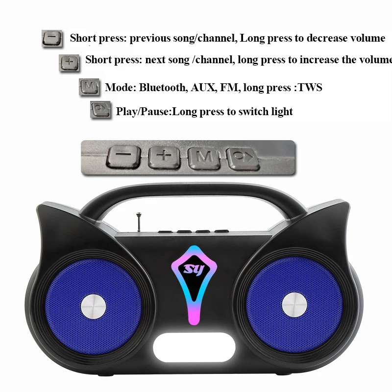 Radio FM portátil con carga Solar para exteriores, altavoz estéreo con Bluetooth, manos libres, reproductor de música, compatible con TF, USB y AUX