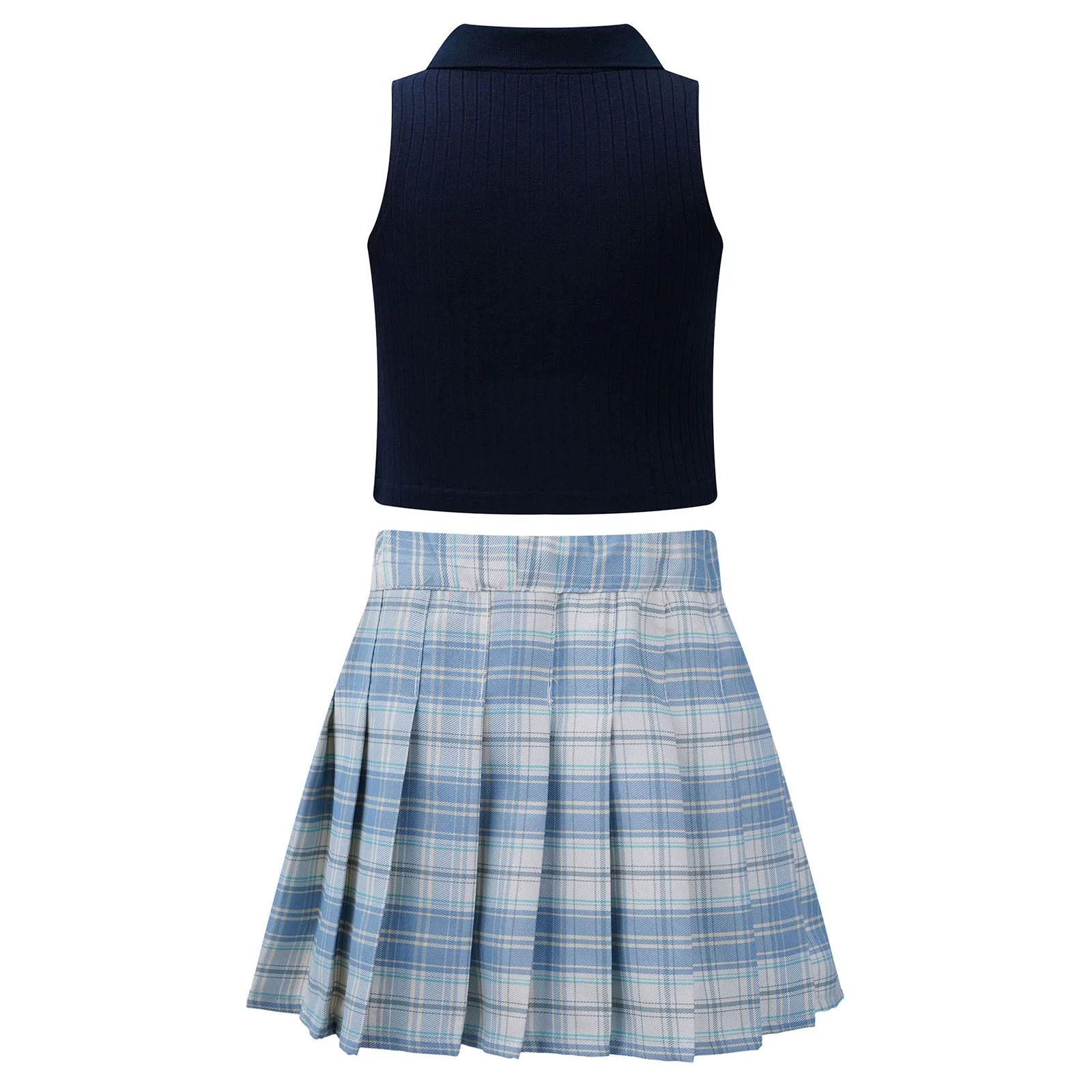 Kids Girls Fashion Two-Piece Set Turn-Down Collar Sleeveless Ribbed T-shirt Vest with Plaid Pleated Skirt for Golf Tennis Sports