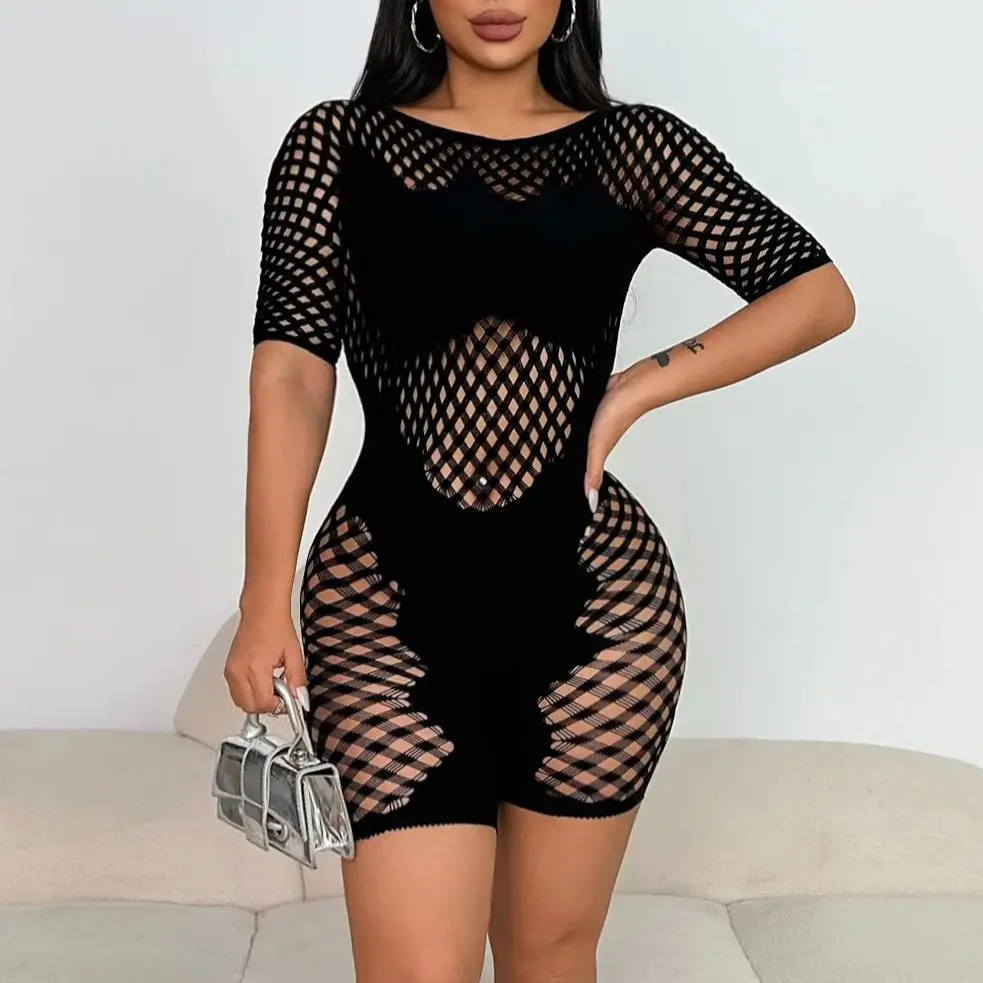 

New Women Black Playsuits short Sleeve Fitness Jumpsuits Shorts Rompers Sexy Club Party Hollow Out Fashion Bodysuits Elastic