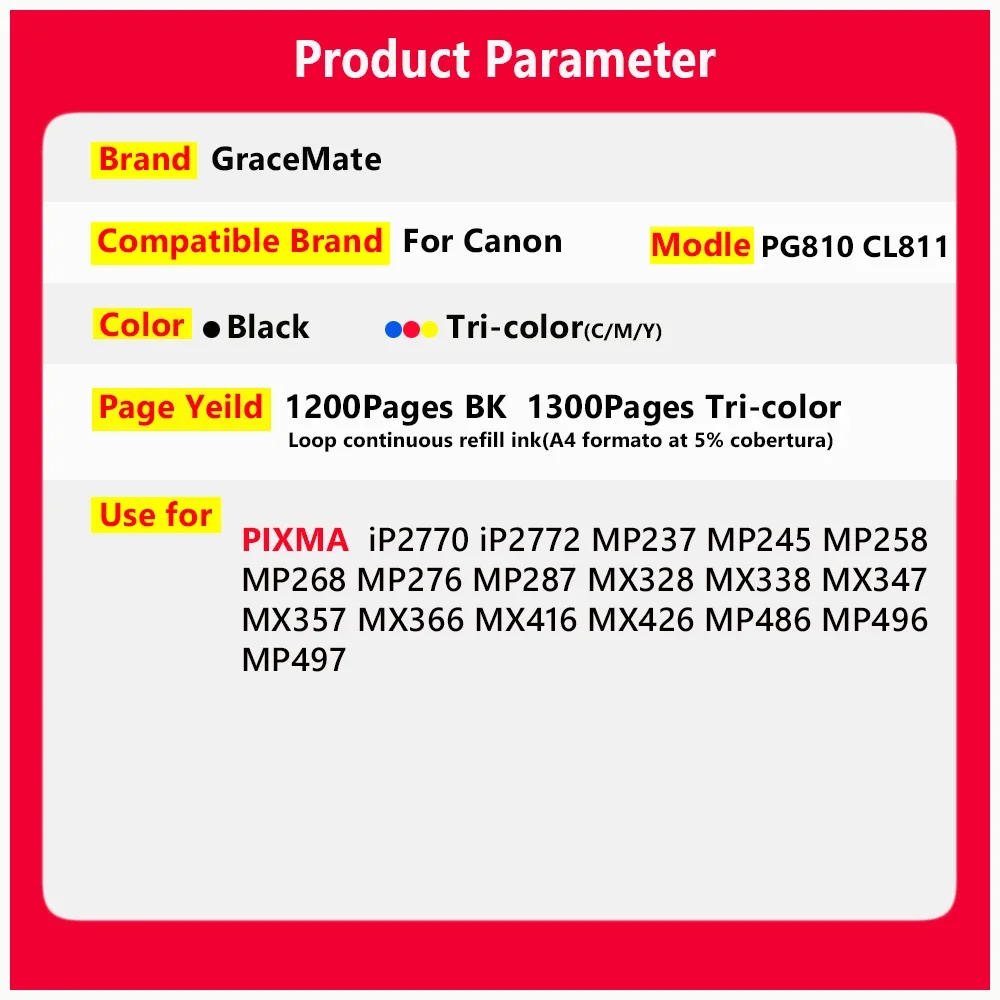 PG 810 CL 811 Refillable Cartridge for Canon MP245 MP276 MP486 MX366 MX416 IP2772 IP2770 MP258 MP287 MP496 MP497 MP287