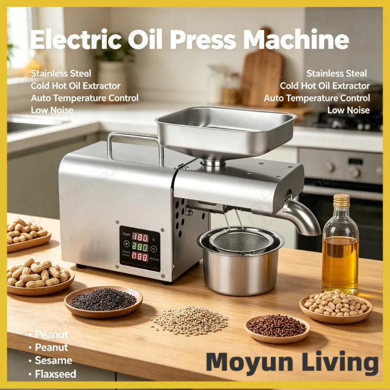 Automatic Electric Oil Press Machine Stainless Steel Cold Hot Oil Extractor Low Noise Temp Control for Peanut Sesame Flaxseed