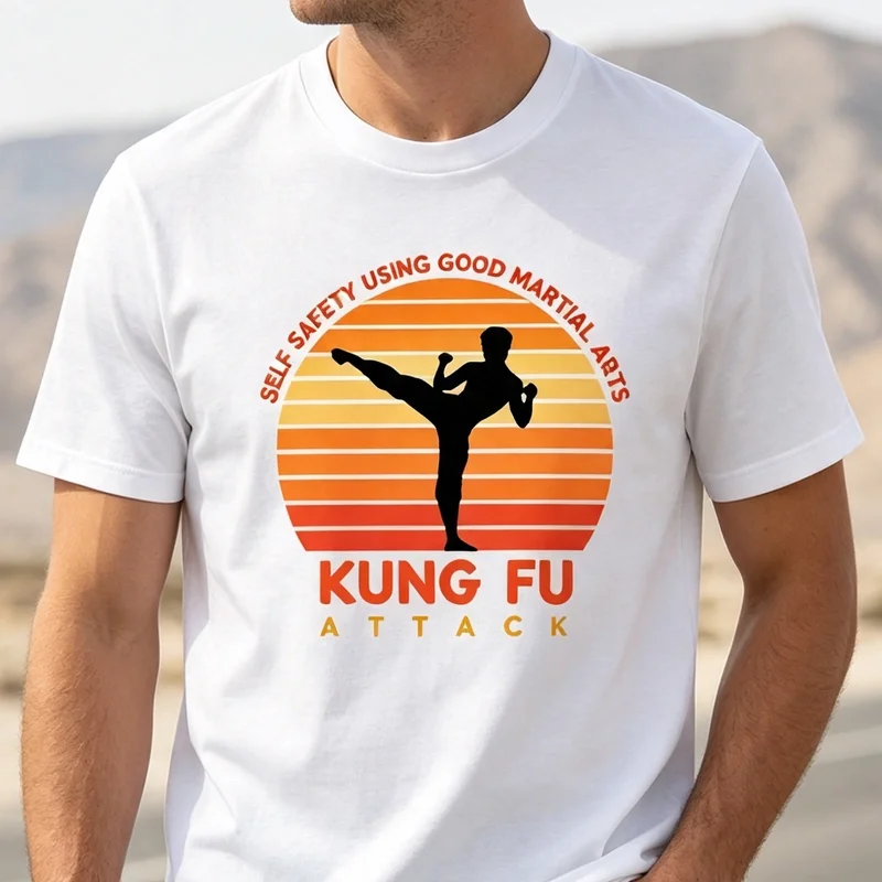 Kung Fu Martial Arts Retro Sunset Training Fighter Graphic T Shirt Tee Casual Streetwear for Men Women 100% Cotton Unisex Top