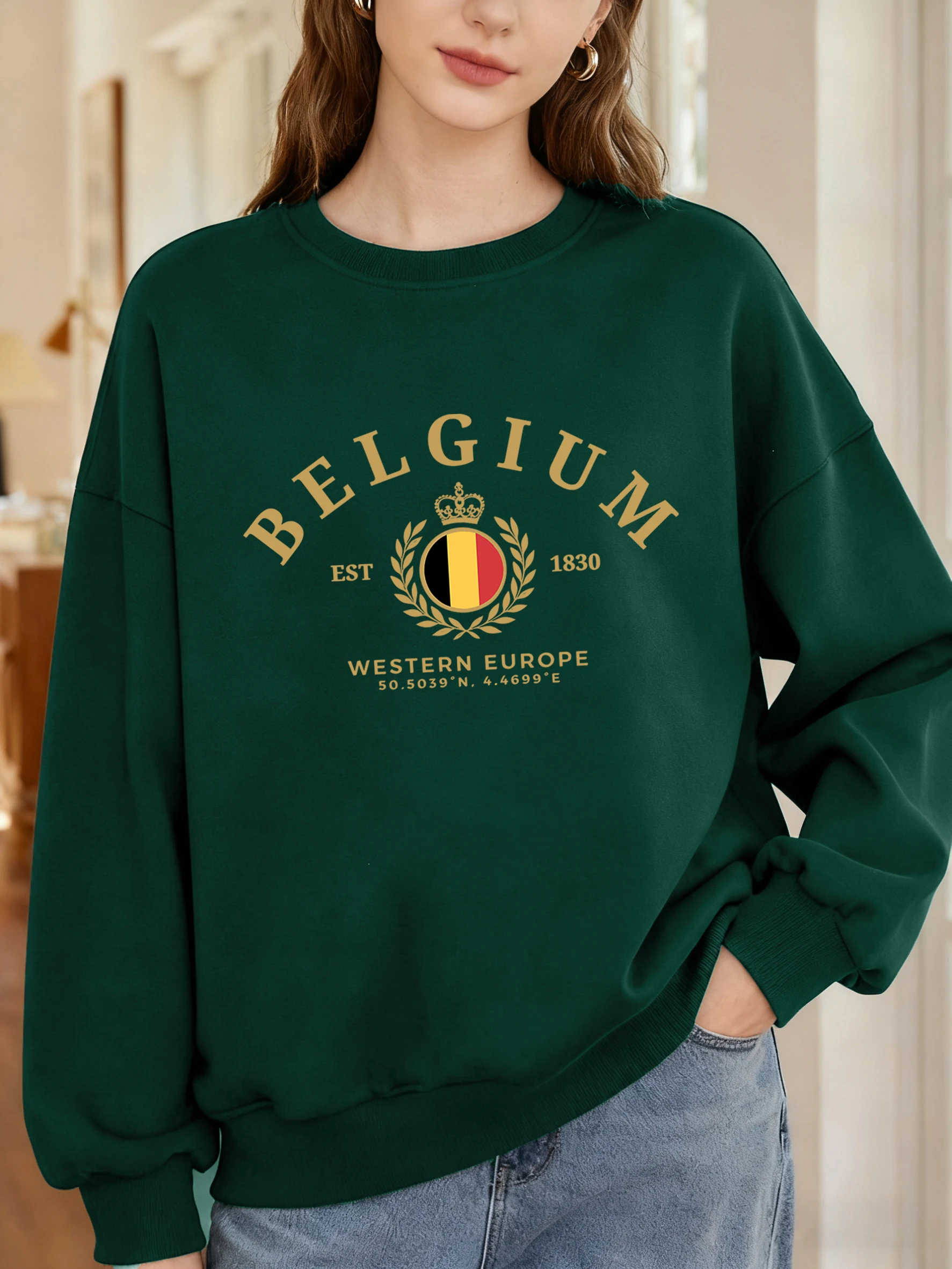 Belgio Europa occidentale Est 1830 Stampa Pullover da donna Girocollo Y2K Felpa Autunno Abiti larghi Spalla scesa Streetwear