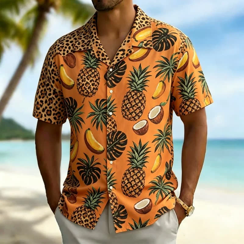 Men's tropical animal pattern spliced tropical leaf print Hawaiian shirt, for customer meetings, daily wear and vacation travel