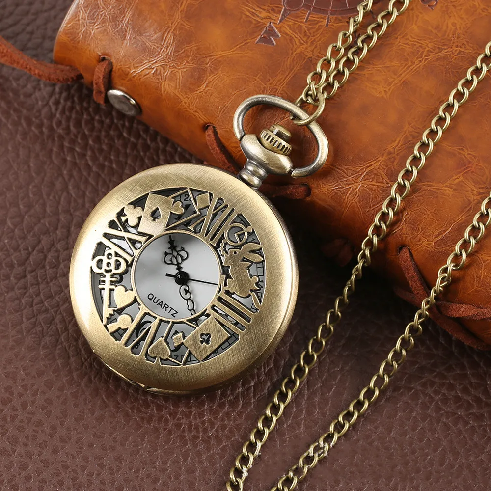 New Bronze Quartz Pocket Watch Retro Alice Theme Pocket Fob Watch Pendant Necklace Pocket Watch Men Womens Gift