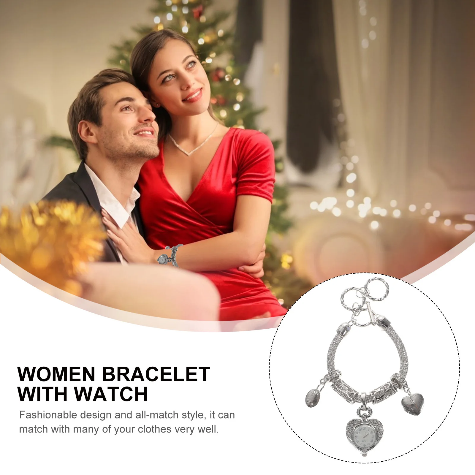 

Rinestone Studded Watch Bracelet Fashionable Style Silver Heart Shaped Ladies Crystal Quartz Wristwatch Jewelry Gift